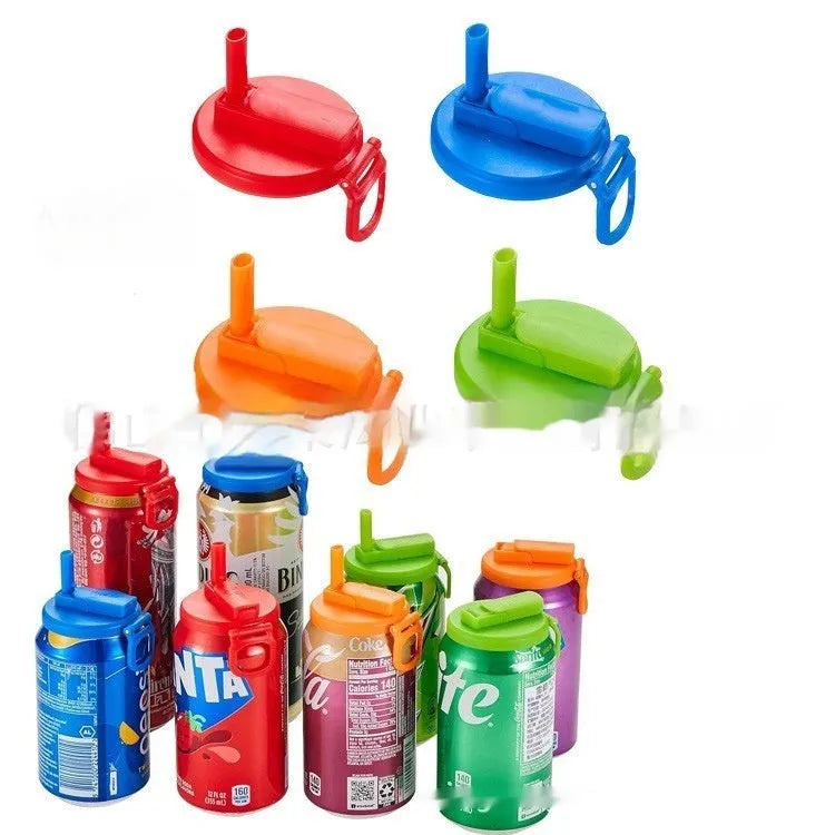Reusable plastic soda can lid with straw in blue colour on a standard aluminium can