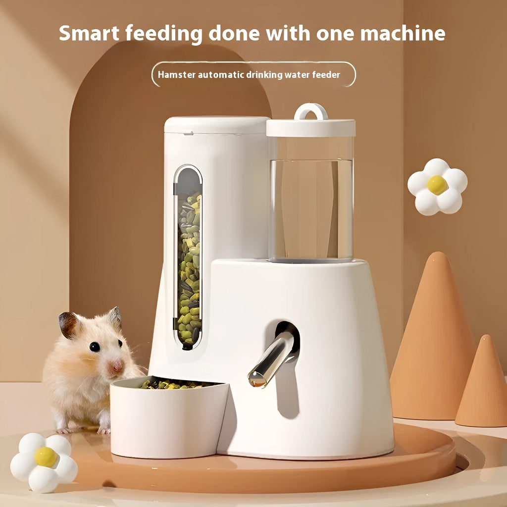 A white, blue, or pink plastic automatic water feeder and food basin for Djungarian hamsters.