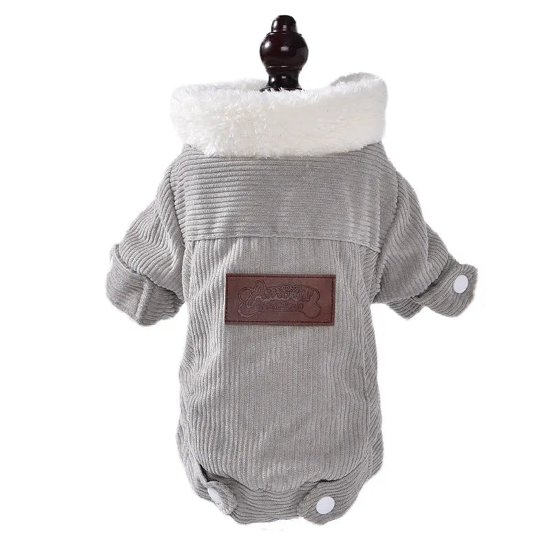 Lambswool grey fleece-lined padded vest for a dog, showing the wool lining and size label.