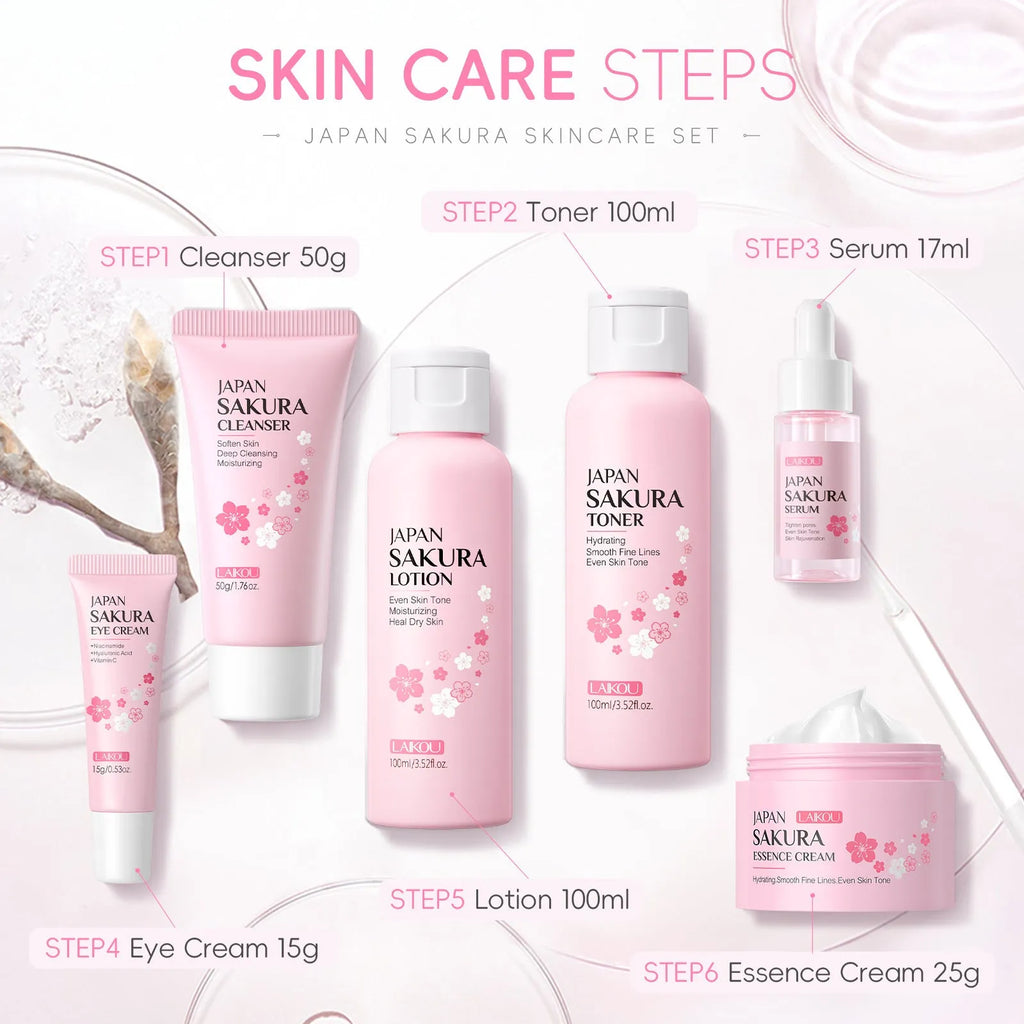 Cherry blossom skincare 6-piece set including cleansing foam, toner, emulsion, eye cream, essence cream and cream