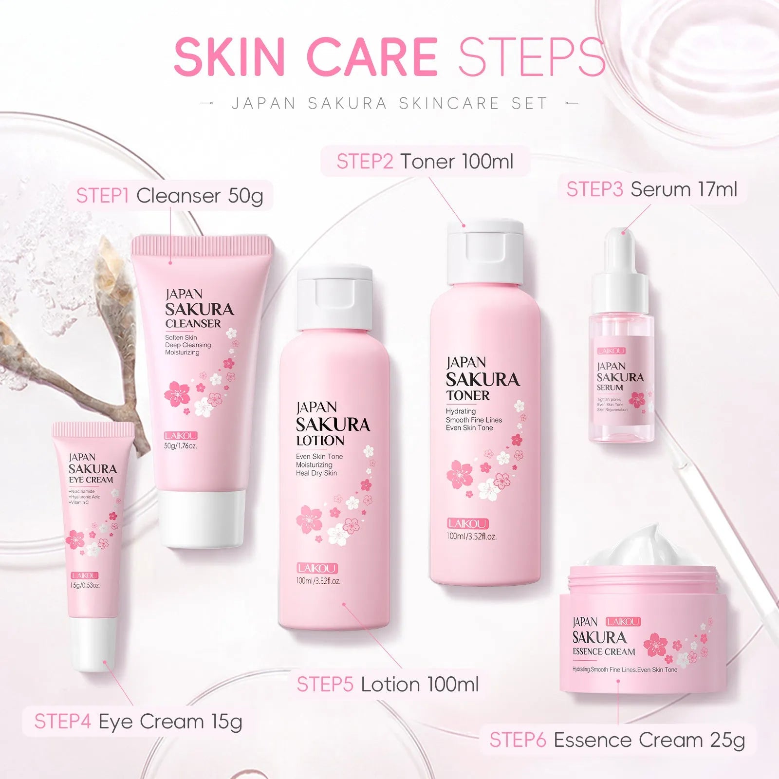 Cherry blossom skincare 6-piece set including cleansing foam, toner, emulsion, eye cream, essence cream and cream