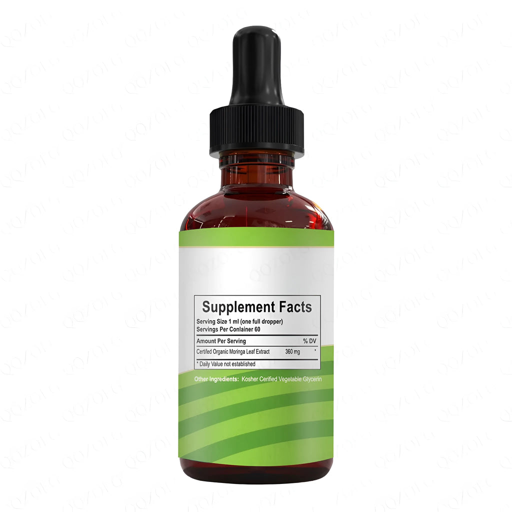 Bottle of organic moringa leaf extract drops 60ml with dropper on white background