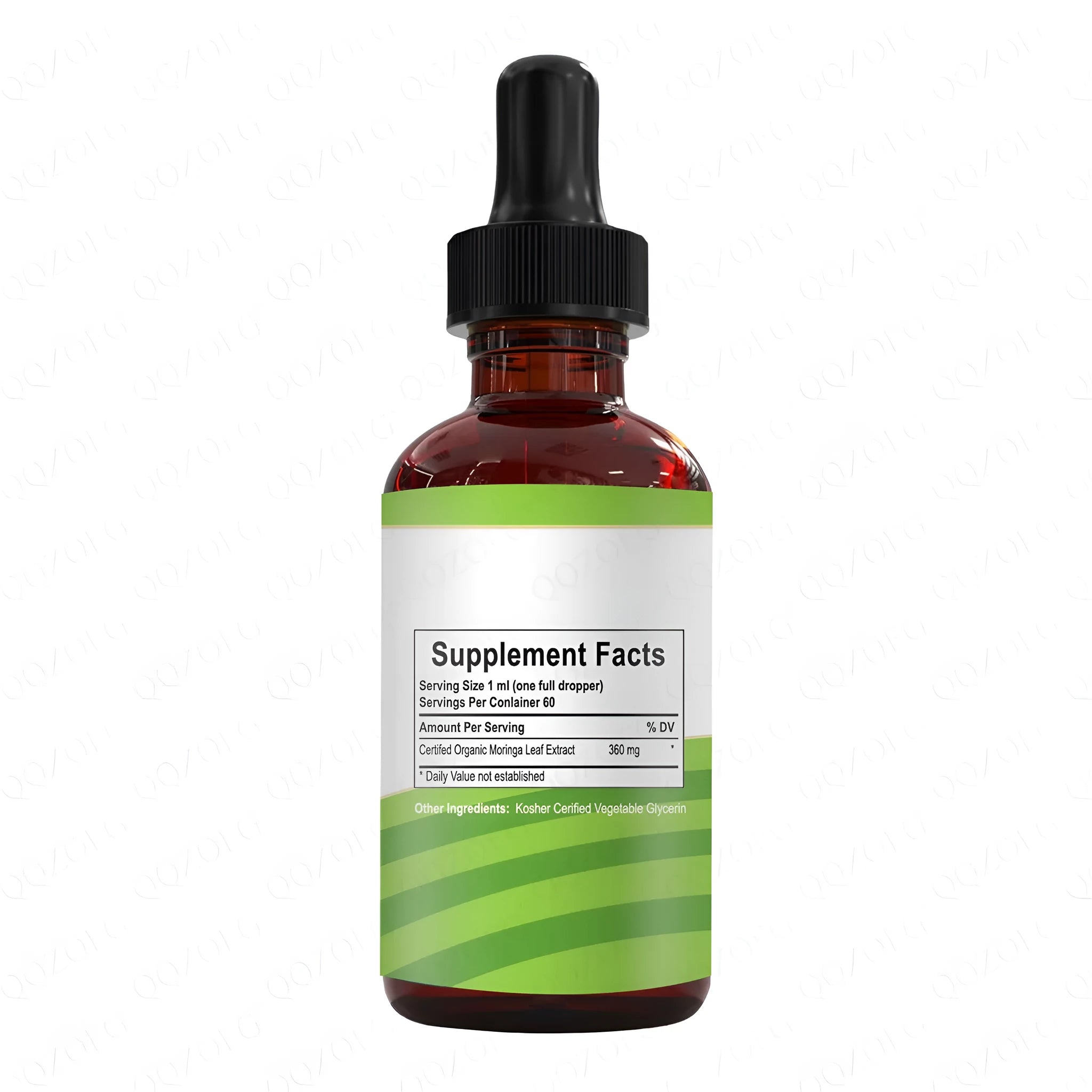 Bottle of organic moringa leaf extract drops 60ml with dropper on white background