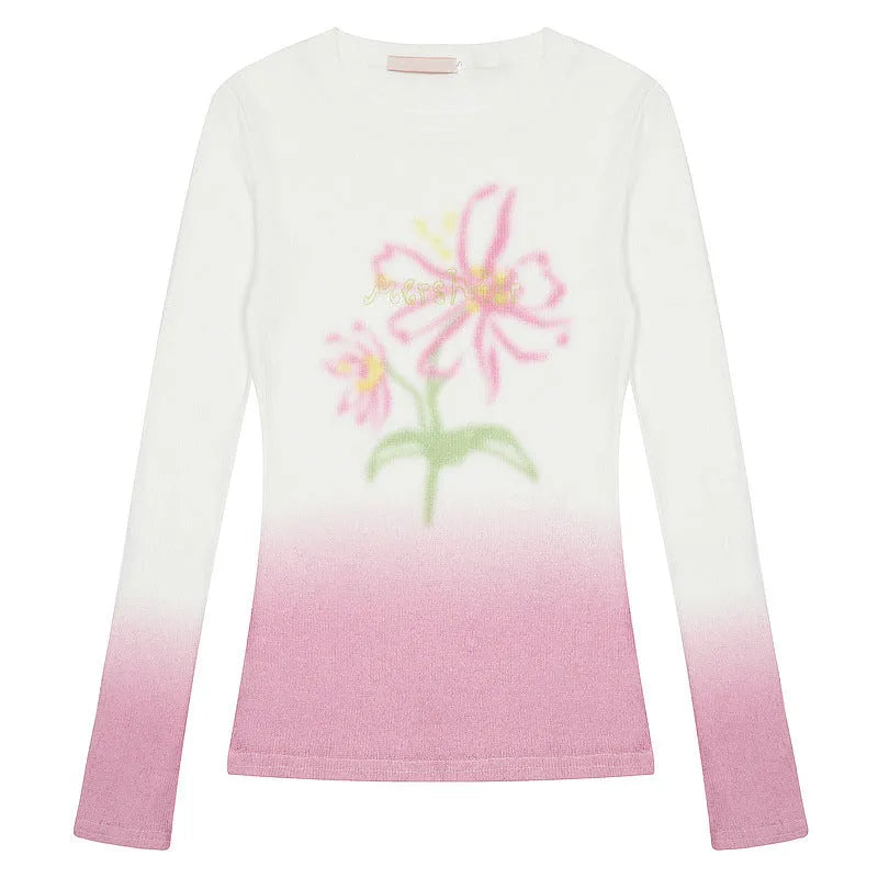 Women's gradient flower long-sleeved T-shirt in polyester available light pink yellow green