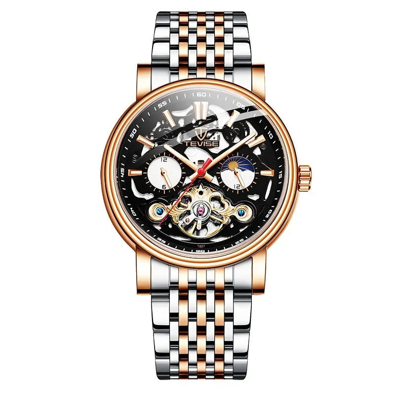 Men's black mechanical watch with luminous hands and a waterproof case on a leather strap.