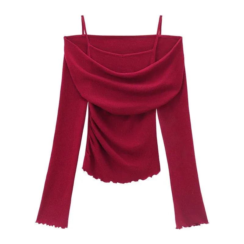 Fashion fake two-piece off-shoulder long sleeve women top in polyester with ruffle detailing, oatmeal colour