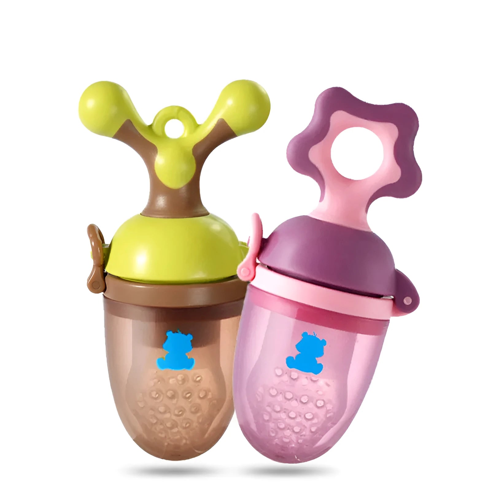Green baby bite trainer with textured polypropylene body and silicone handles for infant teething