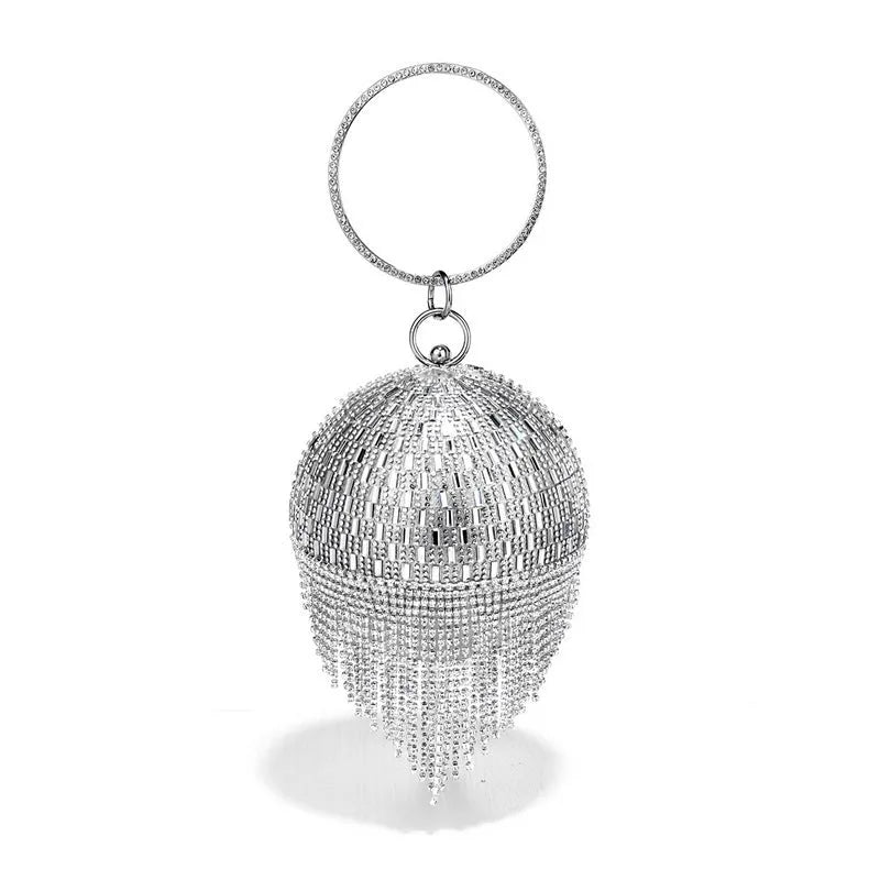 Shining rhinestone round tassel dinner bag in black with document pocket