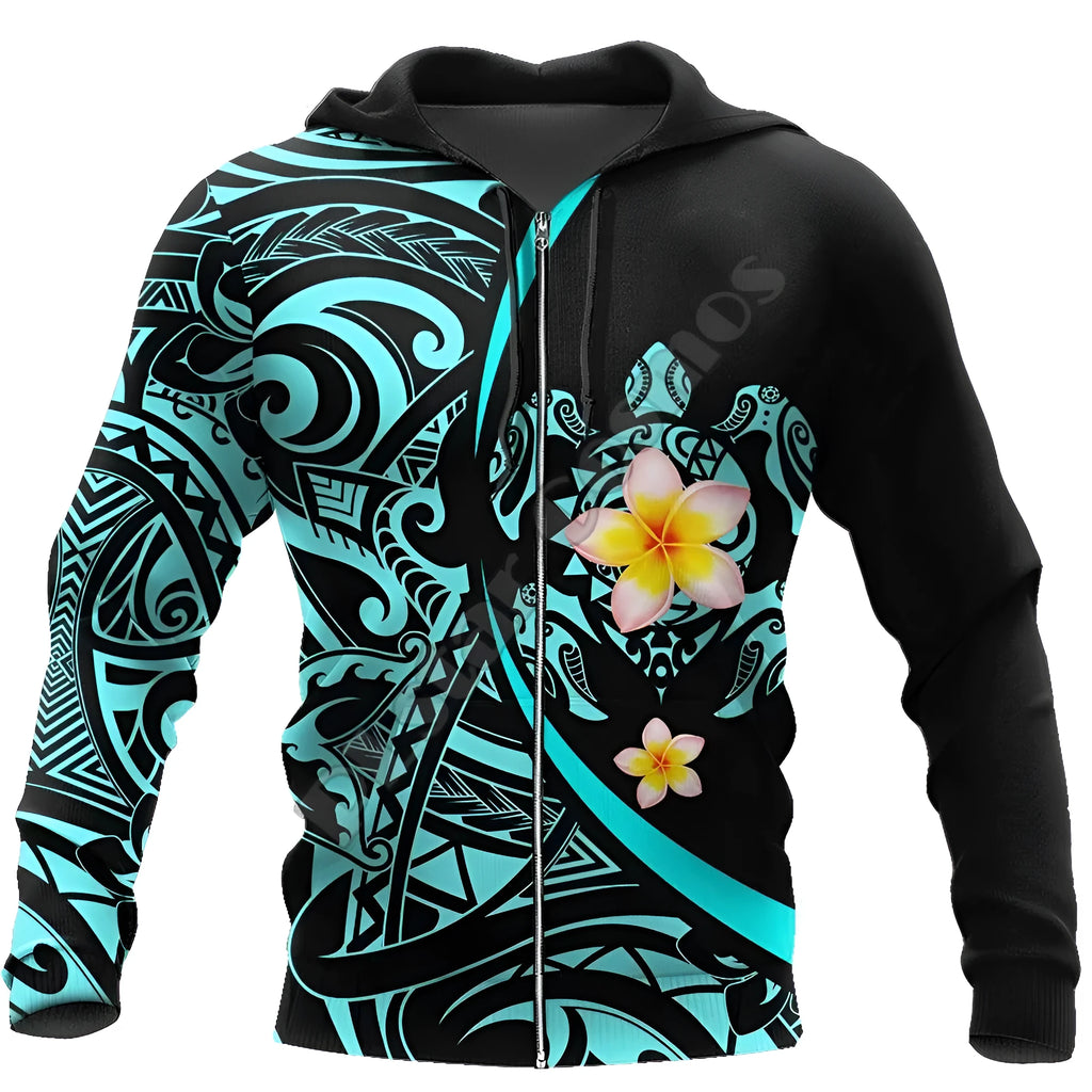 Printed hoodie with 3D turtle print and full zipper, loose fit, available in multiple sizes