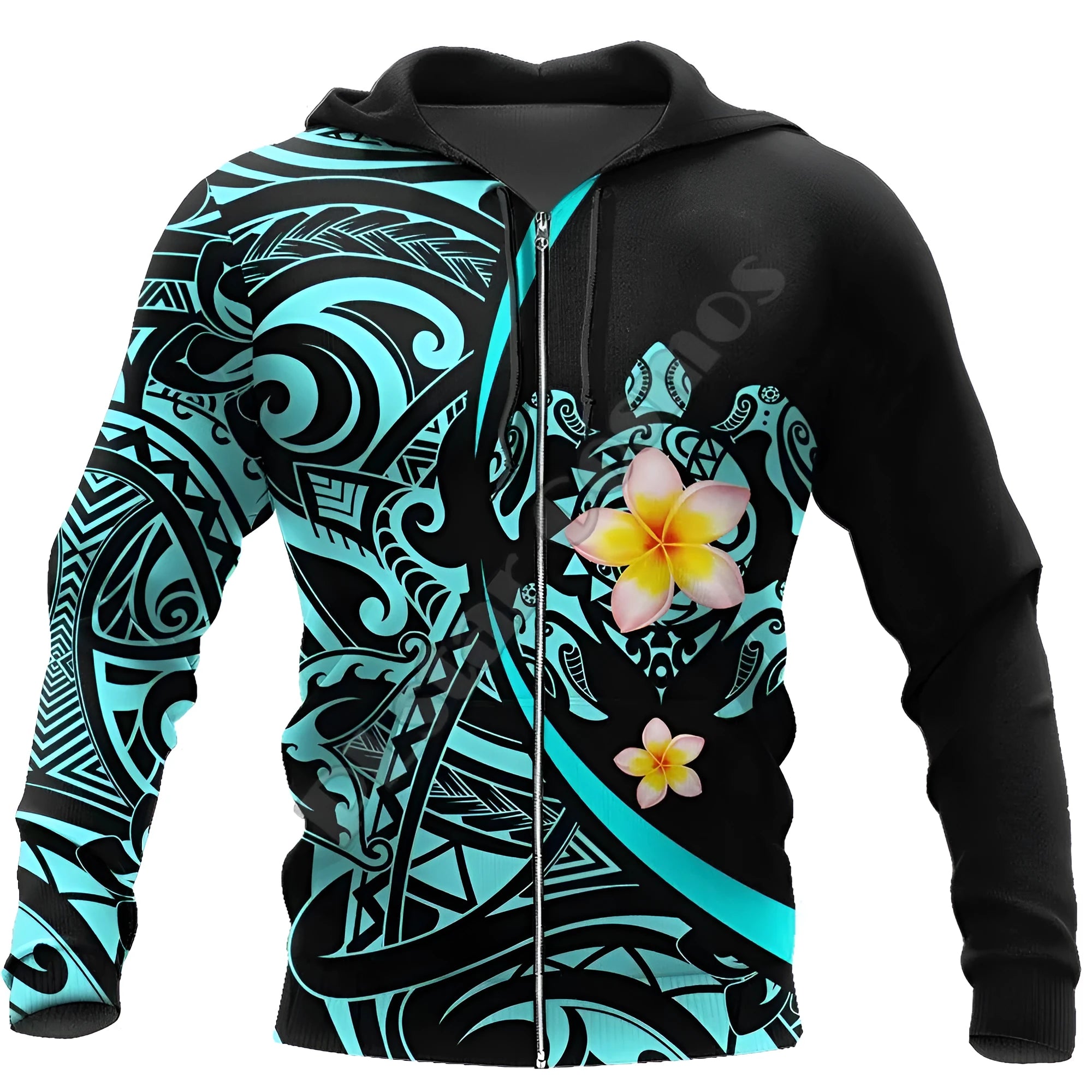 Printed hoodie with 3D turtle print and full zipper, loose fit, available in multiple sizes