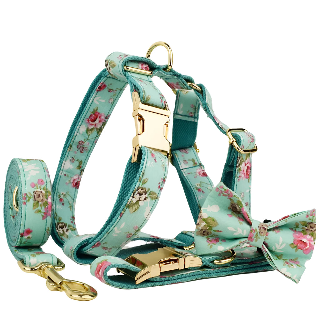 Four-piece dog accessory set with rose print bow, green fabric collar, leash and vest