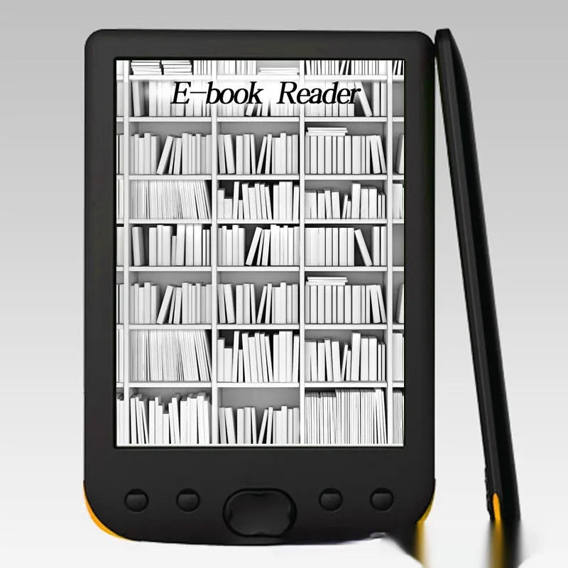 Black 6-inch E-ink screen e-book reader showing display and sleek design