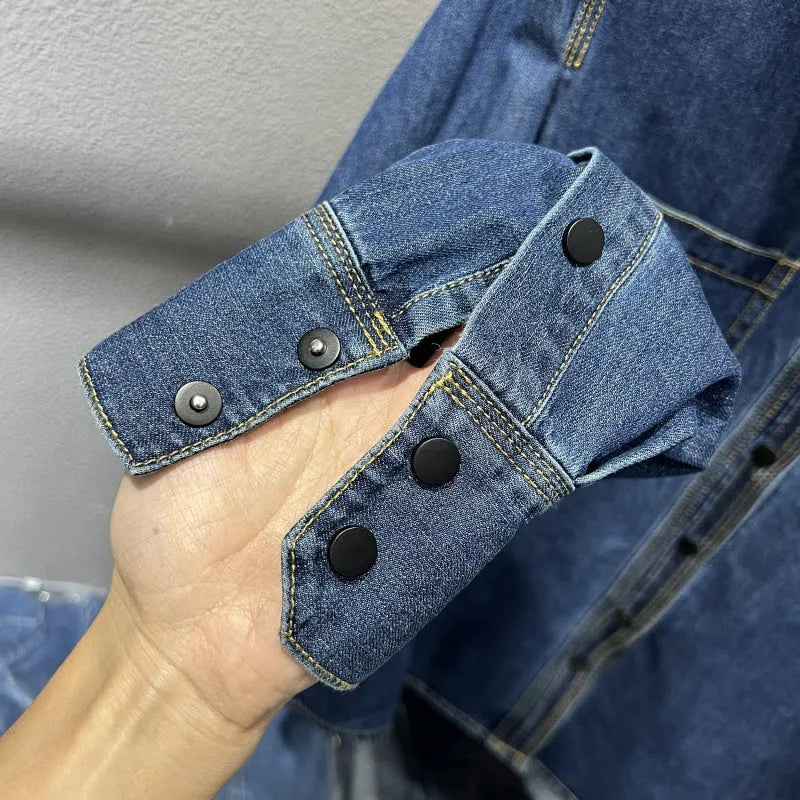 Layered retro top in denim-style polyester fabric with long sleeves, available in sizes S to 2XL