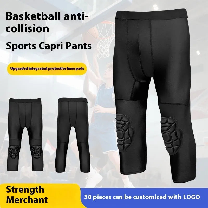 Basketball cropped pants with integrated knee pad anti-collision leggings for men black Lycra polyester mid waist