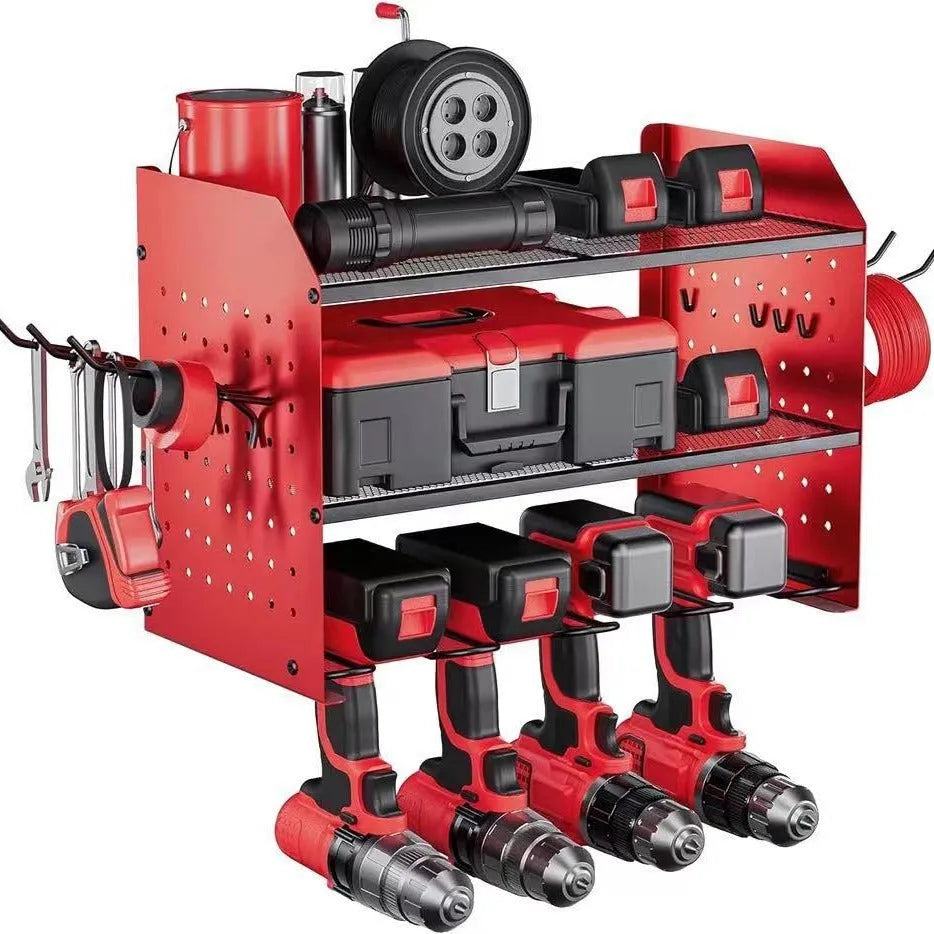 Wall-mounted carbon steel tool rack with 3 detachable layers for electric drills and screwdrivers, in black or red