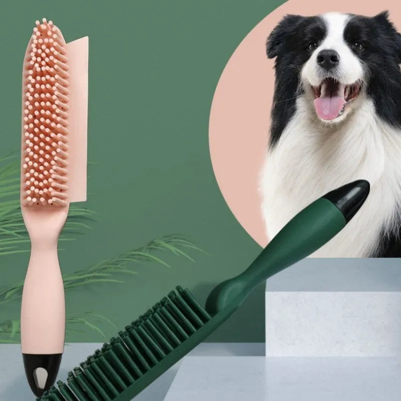 Green silicone pet hair remover brush with plastic handle on a fabric sofa