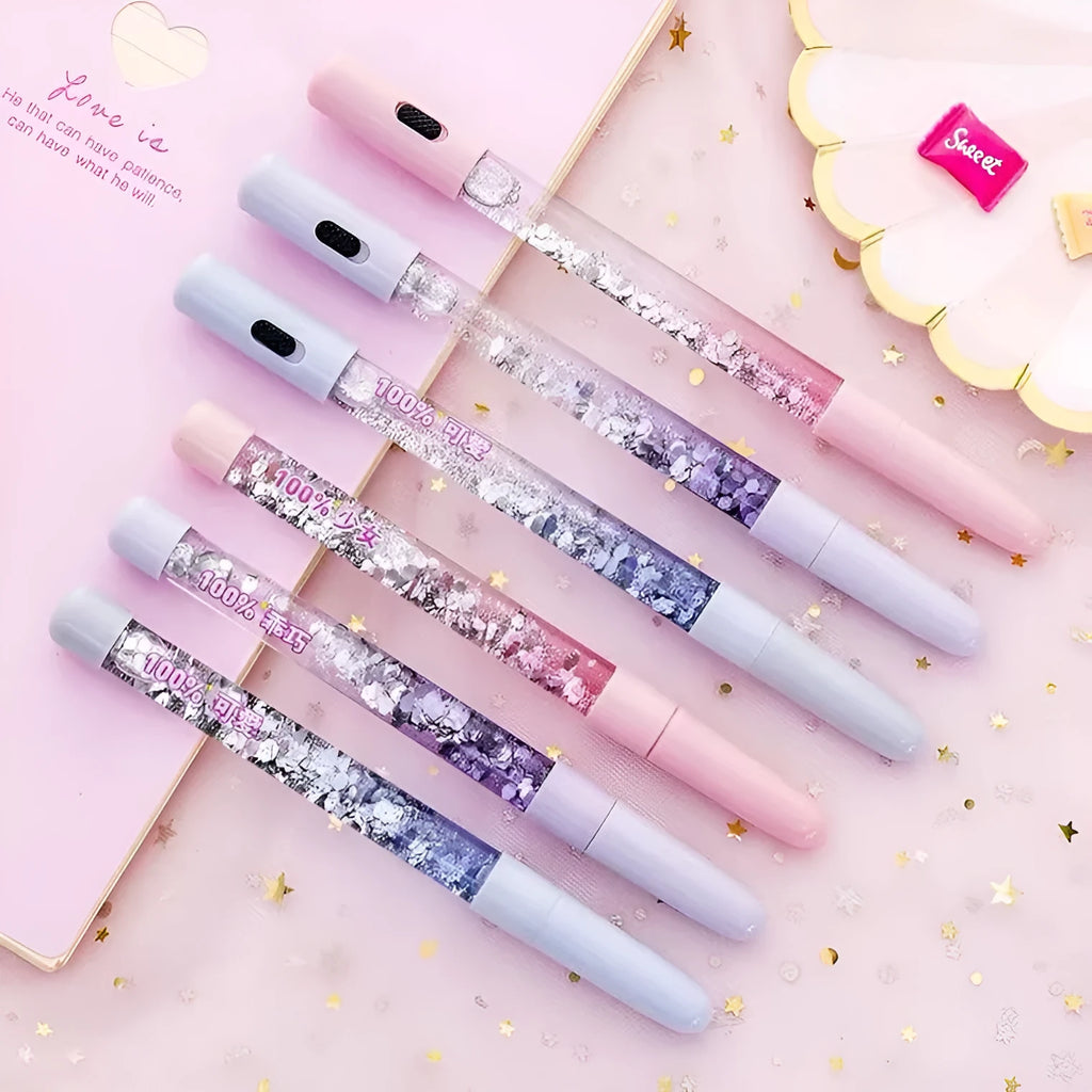 Luminous glitter quicksand neutral pen with 0.5mm fine tip in fairy wand blue colour showing flowing glitter inside clear plastic barrel