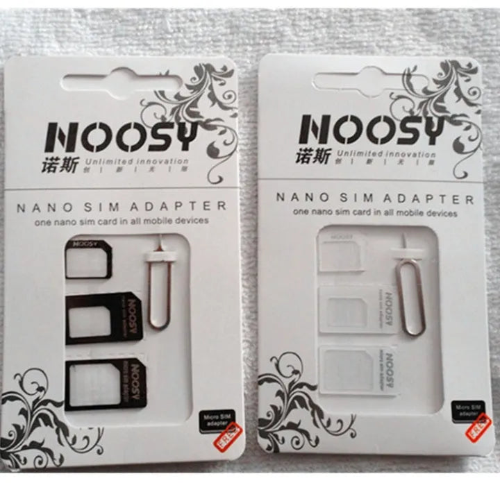 Three SIM card adapters for nano, micro, and standard sizes on a white background.