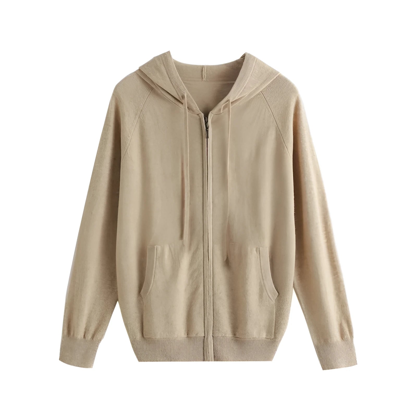 Men's solid colour cashmere hooded cardigan with a full zipper front and long sleeves.