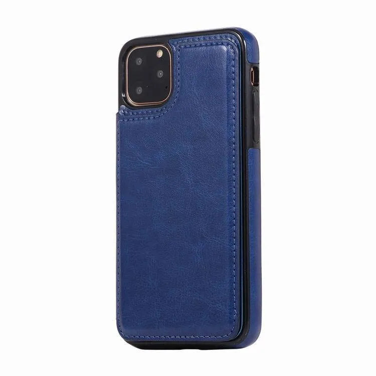 Brown Crazy Horse pattern leather-look iPhone 13 case with a double buckle belt holster attached.