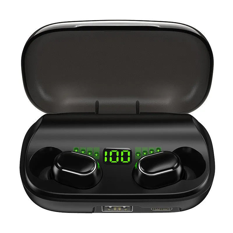 Black TWS XT01 digital display Bluetooth earphones with charging case showing battery level.
