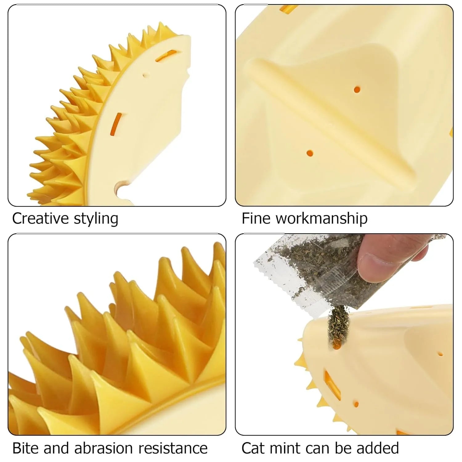 Yellow durian-shaped cat corner scratcher and grooming toy with catnip.