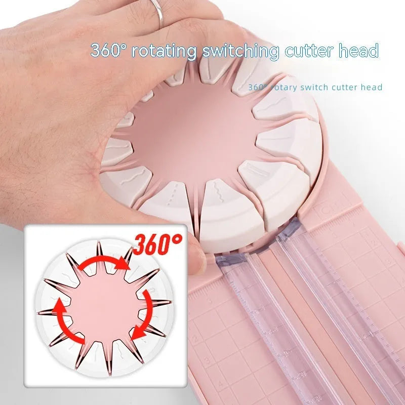 Pink and black 12-in-1 decorative edge paper cutting machine for A4 paper on a desk.