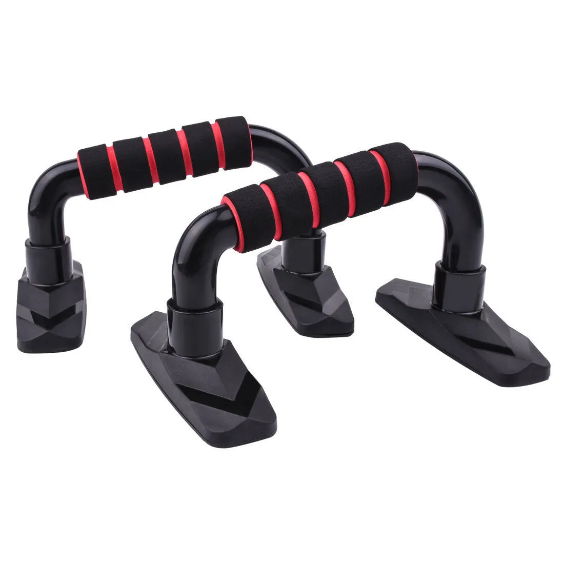 Set of two I-shaped push-up bars with diamond bases and blue PP sponge grips on a floor.