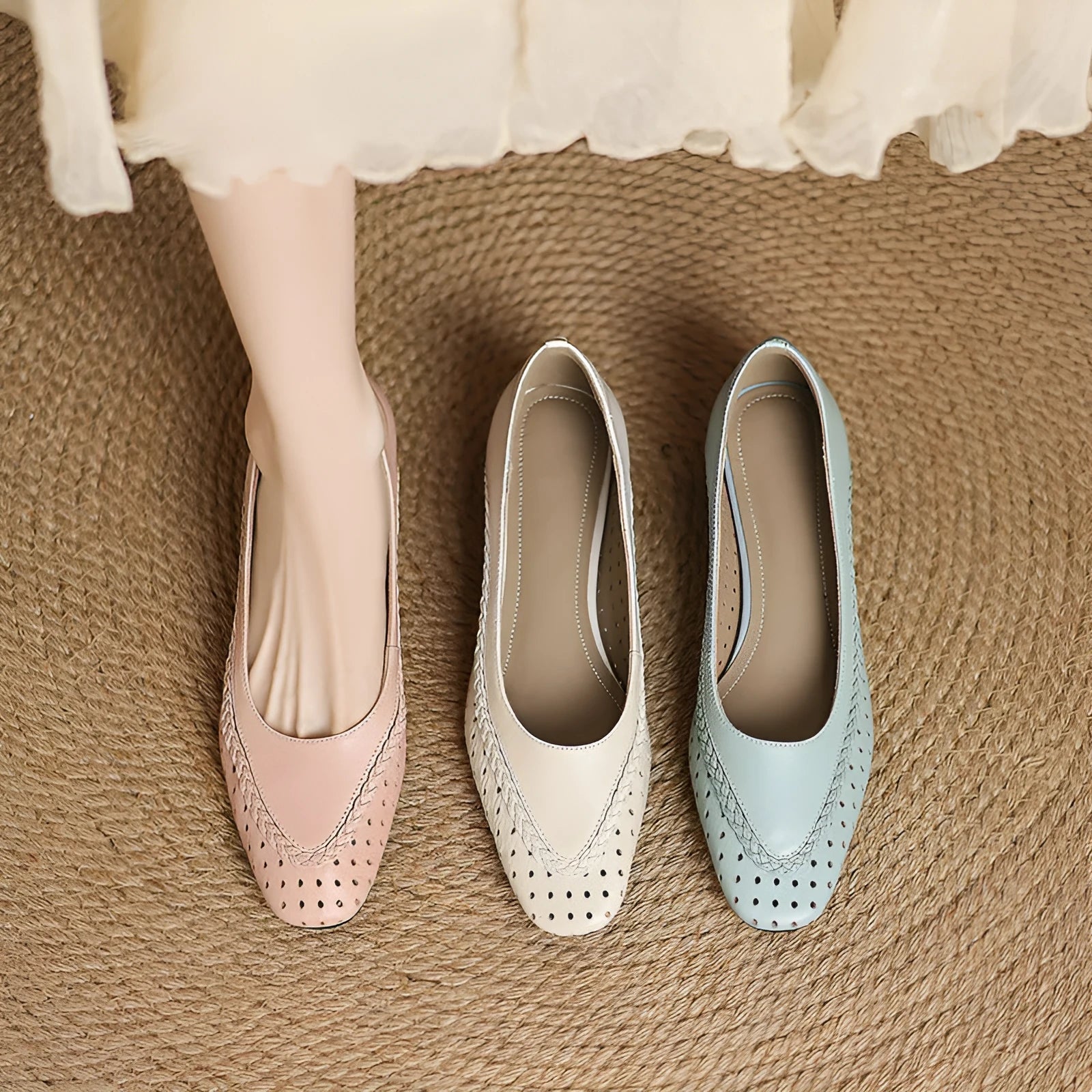 Women's light blue hollow-out mid heel sandals with round toe and sheepskin upper