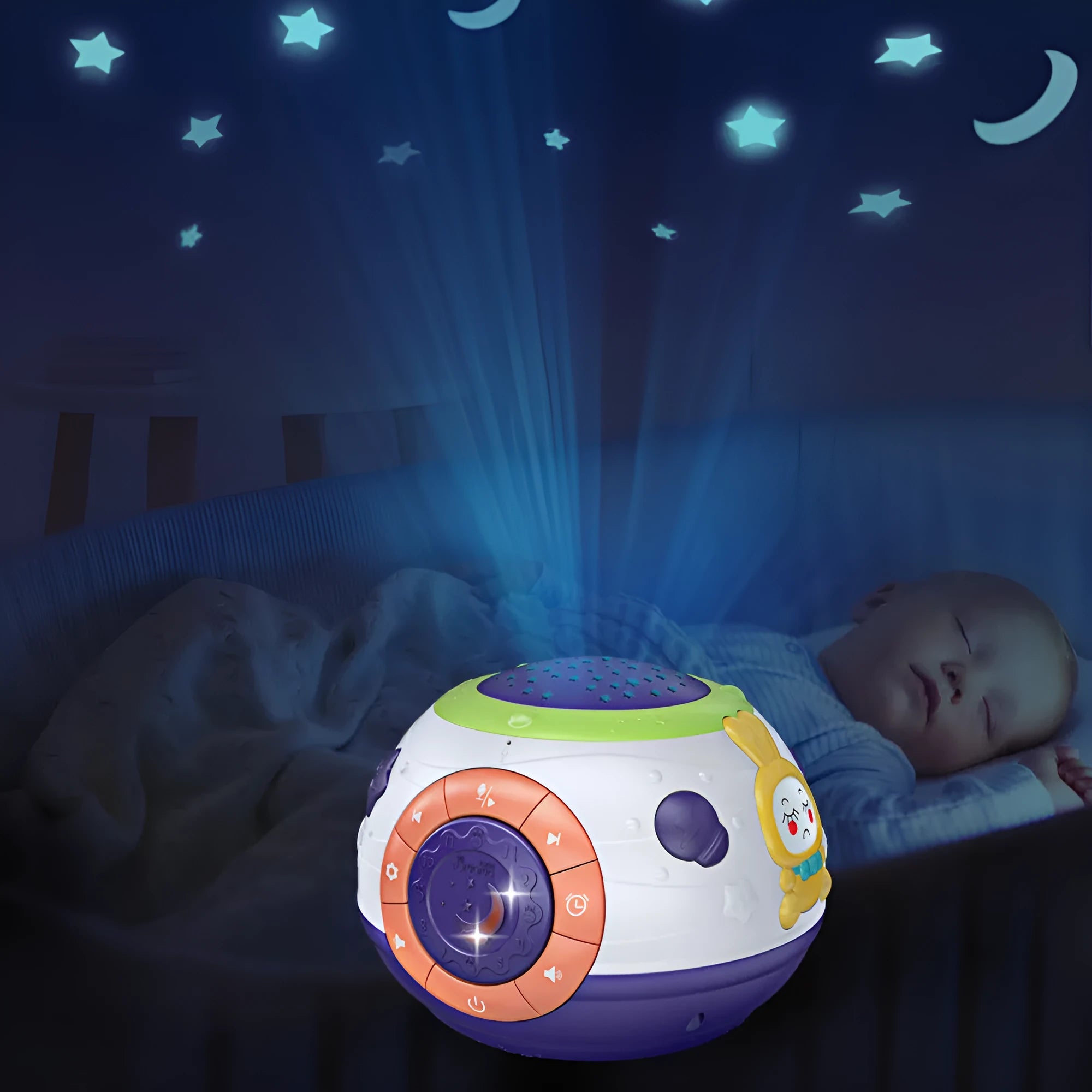 White plastic starry sky night light projector for children on a table, projecting blue stars onto a wall.