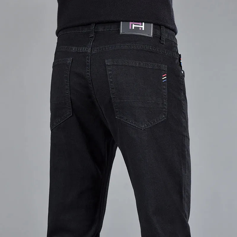 Men's slim fit youth casual straight-leg cotton jeans in black, mid waist, zipper fly, size 30