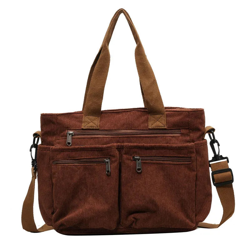 Large capacity women's corduroy shoulder messenger bag in brown, horizontal square shape, three straps