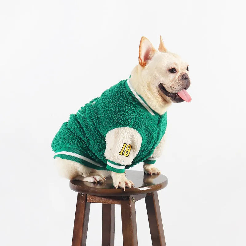 Green fleece-lined cotton winter coat for a dog on a size chart showing L, XL, XXL, 3XL, and 4XL.