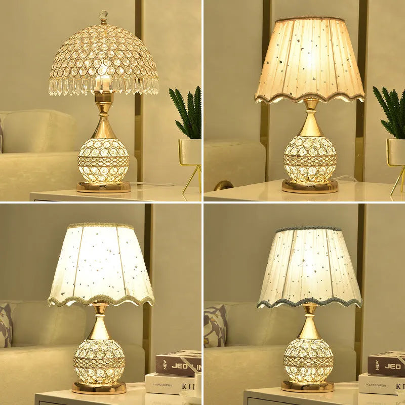 Gold crystal desk lamp with geometric design and iron art base on wooden surface