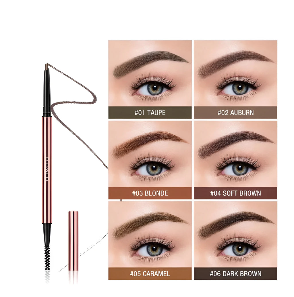 Eye brow make-up pencil in colour box with refillable sharpener and six shade options