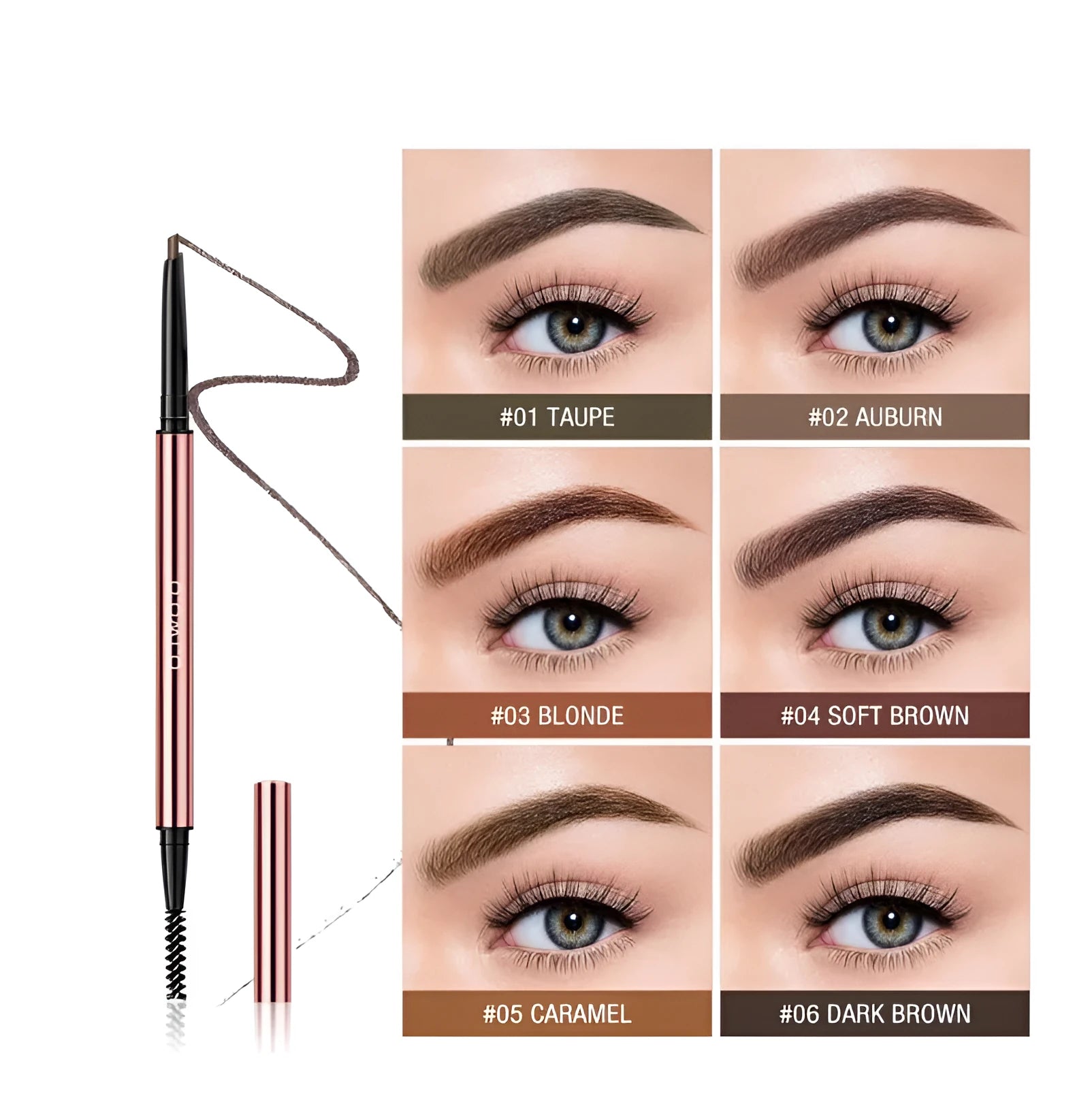 Eye brow make-up pencil in colour box with refillable sharpener and six shade options