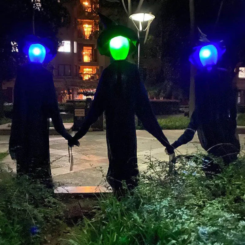 Inflatable Halloween hanging ghost prop with motion-activated sound and flashing red eyes