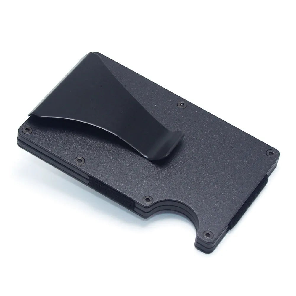 CH6600 slim geometric card holder in black carbon fibre, showing front profile and thickness.