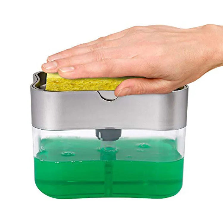 Grey plastic kitchen soap dispenser pump bottle on a countertop