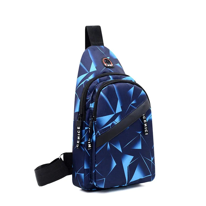 Blue Oxford cloth crossbody messenger bag with a strap, showing a front earphone hole and zipper closure.