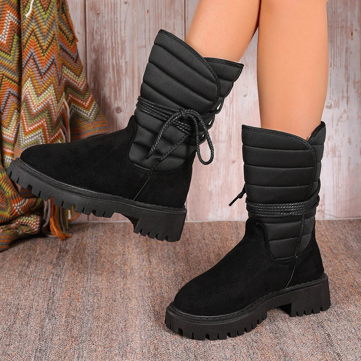 Women's black chunky heel snow boot with suede upper and lace-up design.