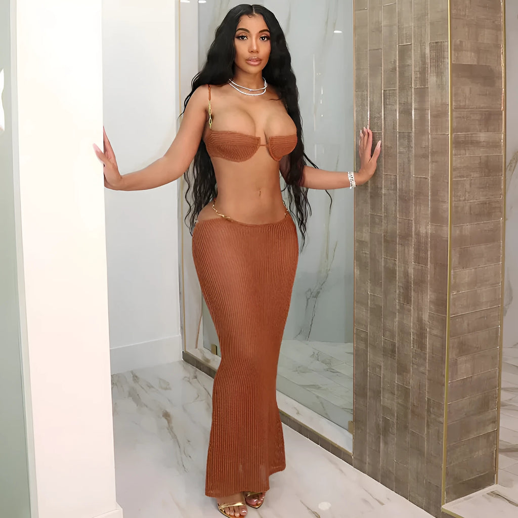 See-through bikini skirt suit for women in black with long polyester skirt and sleeveless top
