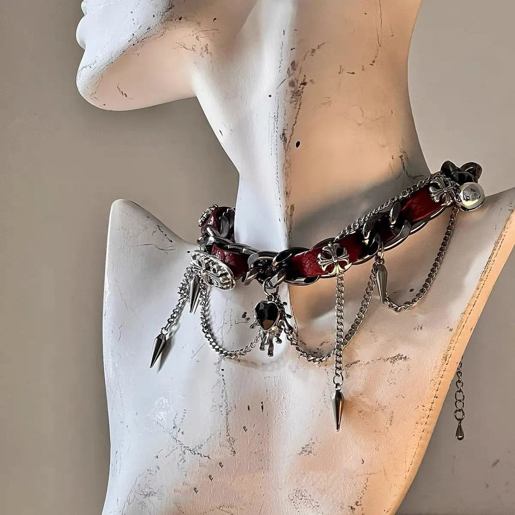 Punk Love rivet metal leather collar necklace with electroplated alloy geometric butterfly pendant and regular chain