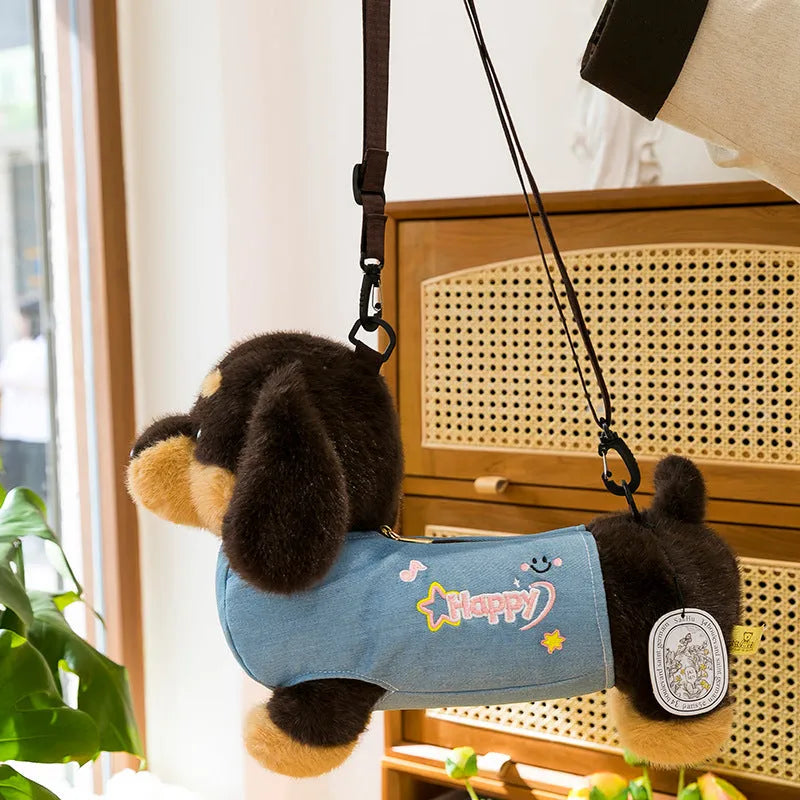 45cm sausage dog plush coin purse pendant with keychain clip, coin compartment visible