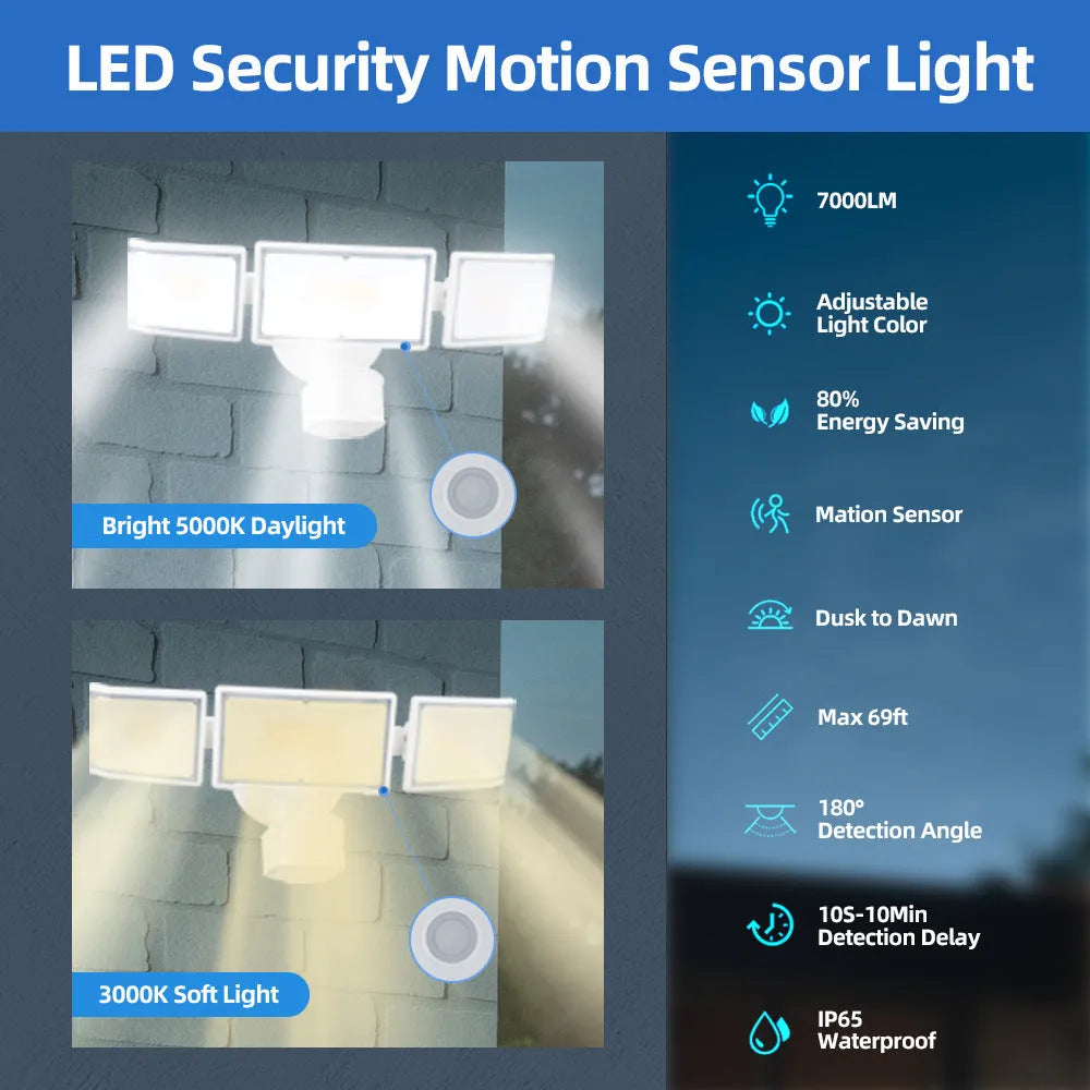 White 120V LED outdoor security flood light with motion sensor mounted on a wall.