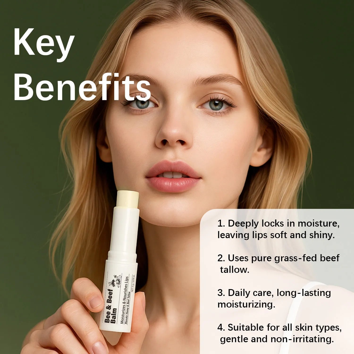 Beef fat lip balm tube with organic grass-fed butter, 83mm by 19mm dimensions