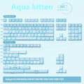 Watercolour cat design custom keycap set for mechanical keyboards, showing multiple PTB keycaps with opaque legends.