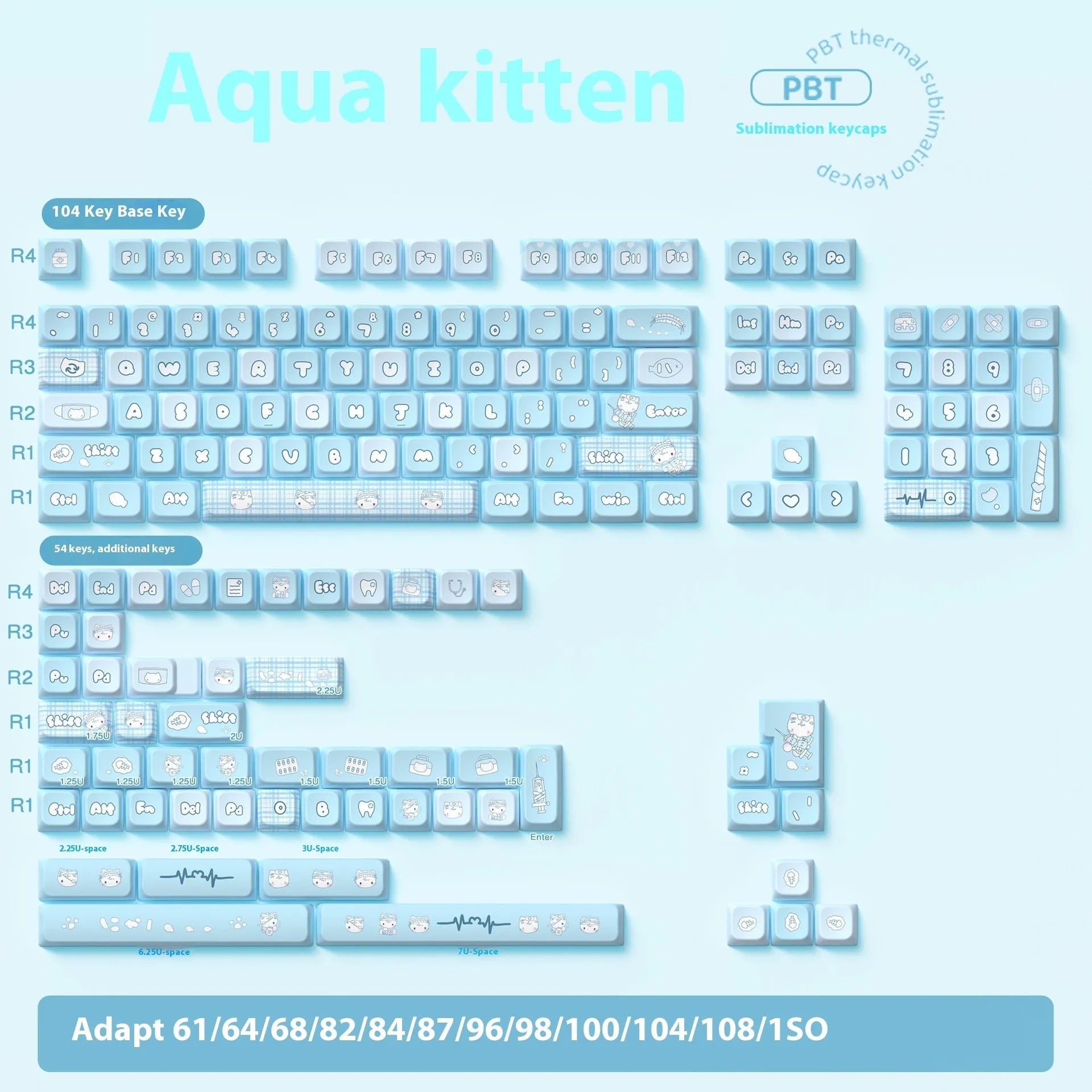 Watercolour cat design custom keycap set for mechanical keyboards, showing multiple PTB keycaps with opaque legends.