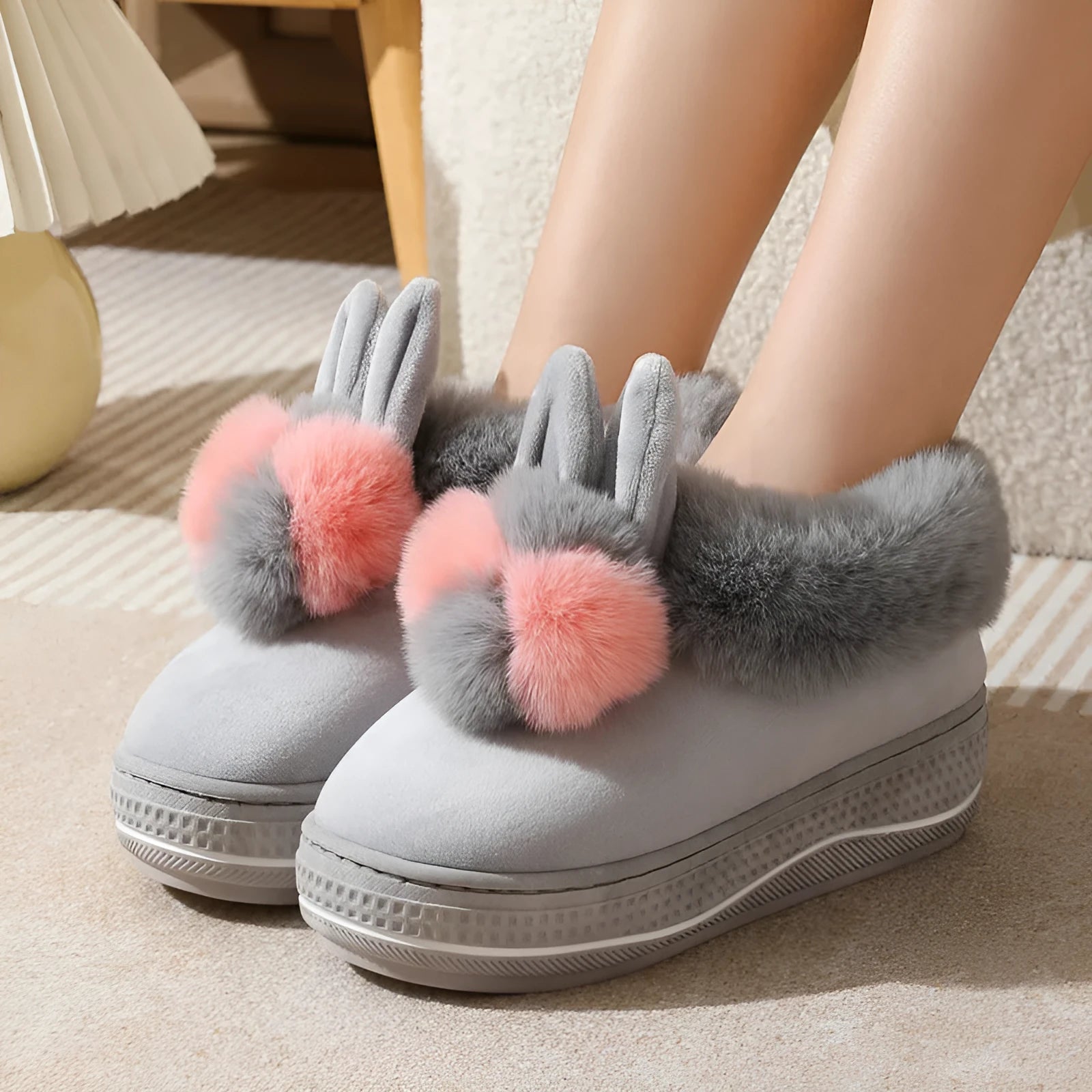 Grey plush winter high heel slippers with thick TPR sole for women