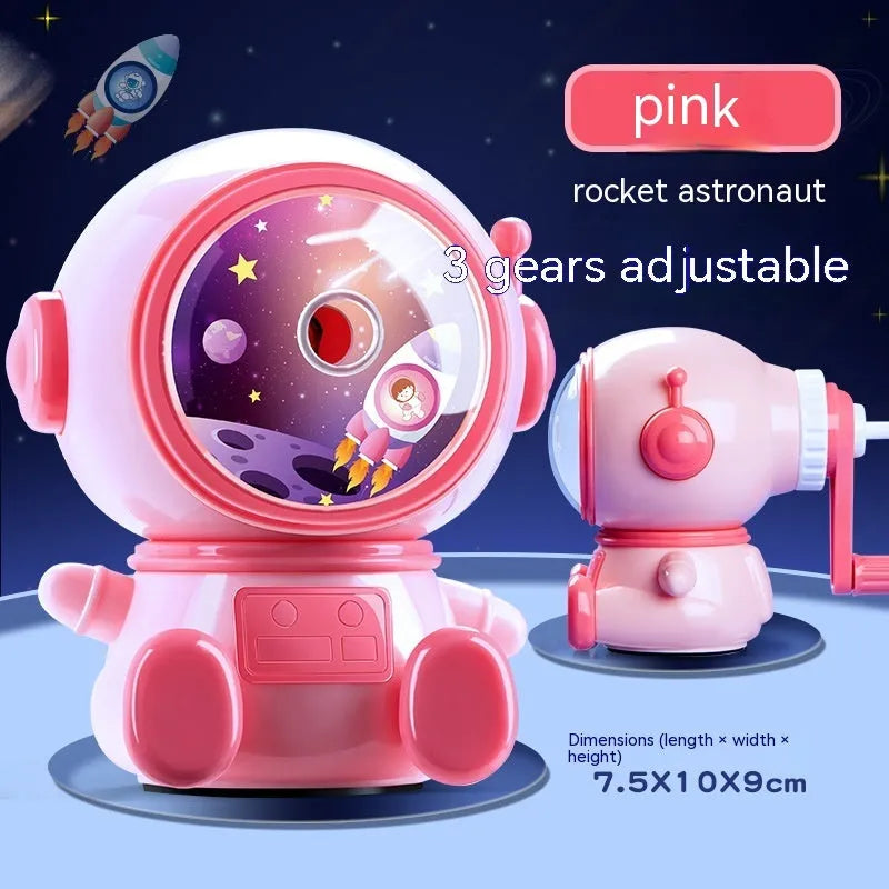 Astronaut-themed manual pencil sharpener with anti-jam mechanism for 2mm leads in blue or pink colour